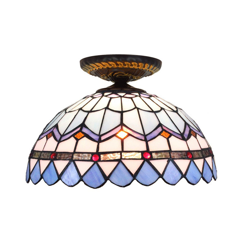 Yellow/Blue 1 Bulb Flush Mount Lighting Tiffany Hand Rolled Art Glass Floral Close to Ceiling Light, 12"/16" W Clearhalo 'Ceiling Lights' 'Close To Ceiling Lights' 'Close to ceiling' 'Flush mount' Lighting' 297573