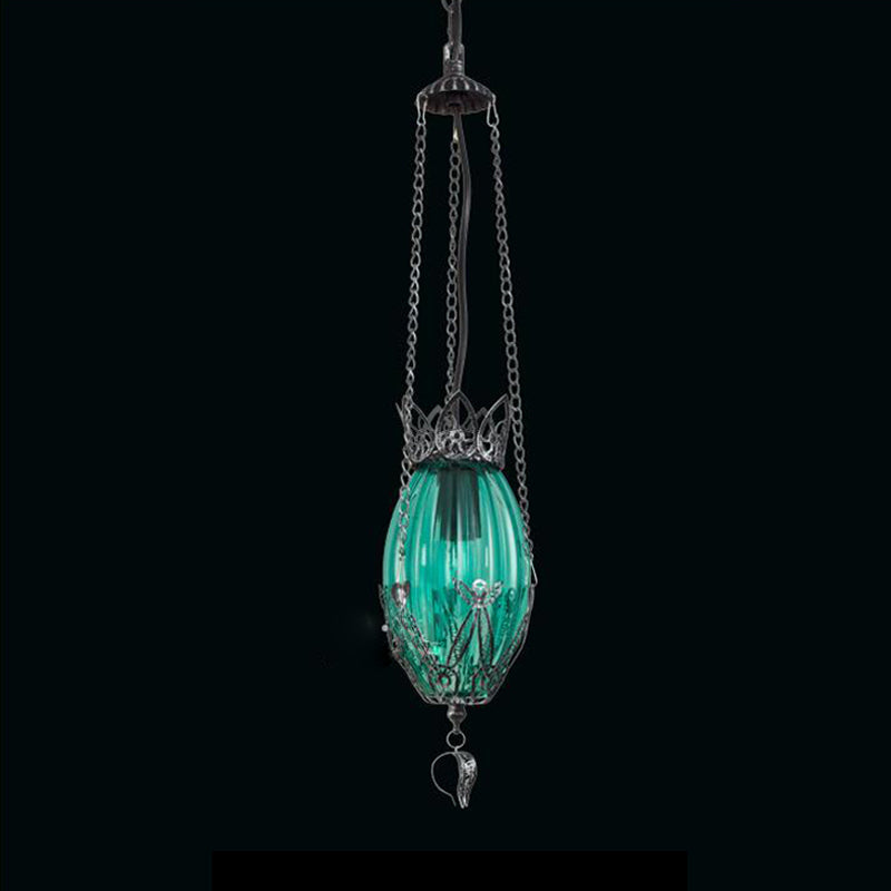 1 Light Restaurant Drop Pendant Vintage Style Down Lighting with Oval Red/Yellow/Blue Glass Shade Green Clearhalo 'Ceiling Lights' 'Glass shade' 'Glass' 'Pendant Lights' 'Pendants' Lighting' 297824