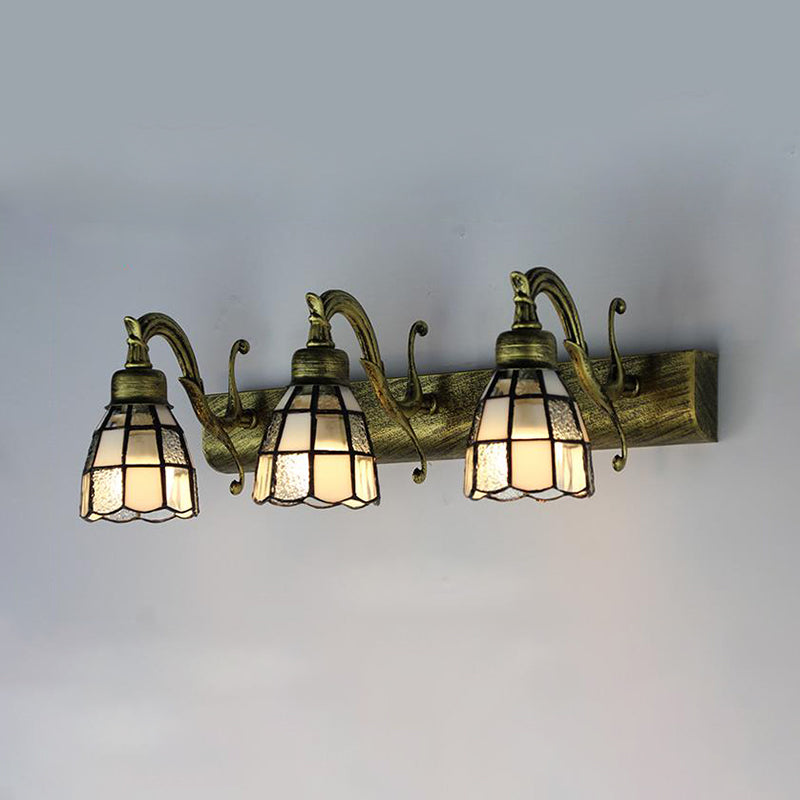 Stained Glass Dome Wall Lighting with Square/Blue Square Pattern and Linear Backplate Vintage Retro 3 Lights Sconce Lighting in Copper/Antique Brass/Brass Antique Brass Square Clearhalo 'Industrial' 'Middle century wall lights' 'Tiffany wall lights' 'Tiffany' 'Wall Lamps & Sconces' 'Wall Lights' Lighting' 30092