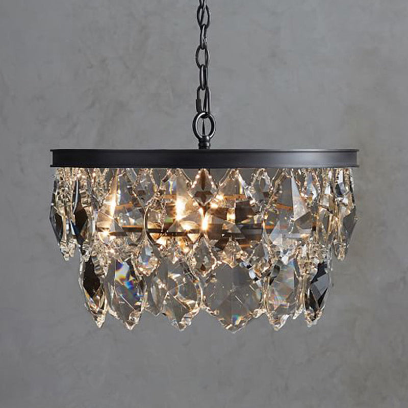 4 Bulbs Circular Pendant Lamp Retro Black/Gold Beveled Glass Crystal Chandelier Light Fixture for Restaurant Clearhalo 'Ceiling Lights' 'Chandeliers' Lighting' options 302905