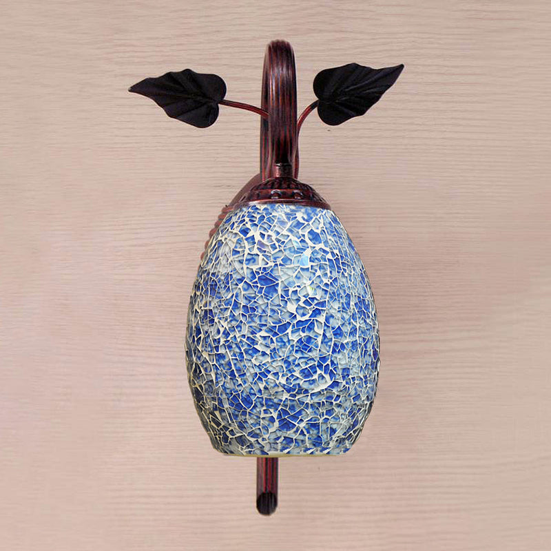 Blue Glass Wall Lamp Elongated Dome 1 Light Mediterranean Sconce Light Fixture for Dining Room Clearhalo 'Cast Iron' 'Glass' 'Industrial' 'Middle century wall lights' 'Modern' 'Tiffany wall lights' 'Tiffany' 'Traditional wall lights' 'Wall Lamps & Sconces' 'Wall Lights' Lighting' 302935