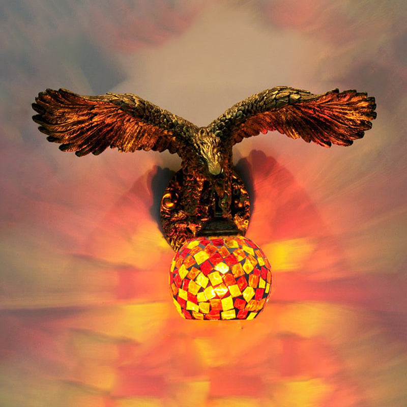 Globe Wall Mounted Lighting Mediterranean White/Beige/Red Glass 1 Light Brass Sconce Light for Outdoor Red Clearhalo 'Industrial' 'Middle century wall lights' 'Tiffany wall lights' 'Tiffany' 'Wall Lamps & Sconces' 'Wall Lights' Lighting' 302959