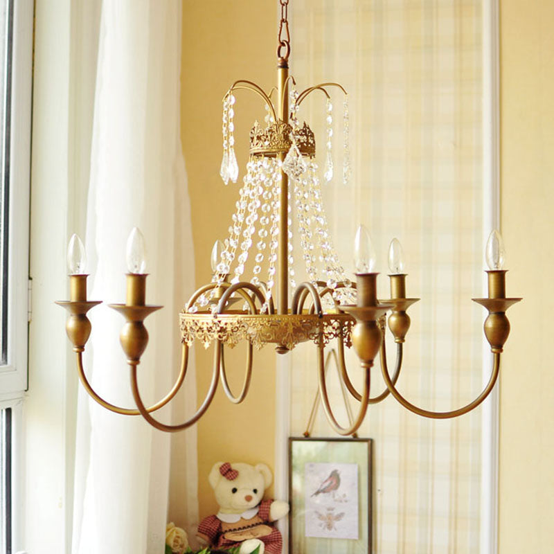 Gold/Grey Candle Hanging Chandelier Traditionalist Metal 6 Lights Living Room Ceiling Pendant with Crystal Accent Clearhalo 'Ceiling Lights' 'Chandeliers' Lighting' options 302976