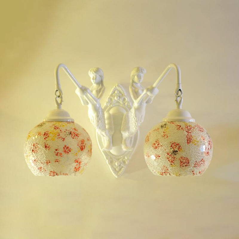 Cut Glass Red/Pink/Yellow Vanity Lamp Globe Shade 2 Lights Mediterranean Sconce Light Fixture for Bathroom Yellow Clearhalo 'Industrial' 'Middle century wall lights' 'Tiffany wall lights' 'Tiffany' 'Wall Lamps & Sconces' 'Wall Lights' Lighting' 303079