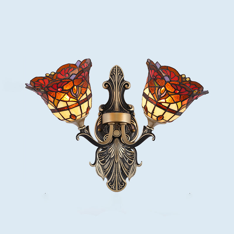 Cut Glass White/Red/Yellow Wall Lighting Idea Blossom/Domed 2 Lights Tiffany Stylish Sconce with Curved Arm Red Clearhalo 'Industrial' 'Middle century wall lights' 'Tiffany wall lights' 'Tiffany' 'Wall Lamps & Sconces' 'Wall Lights' Lighting' 303176