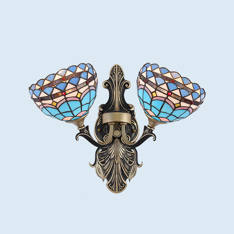 Cut Glass White/Red/Yellow Wall Lighting Idea Blossom/Domed 2 Lights Tiffany Stylish Sconce with Curved Arm Light Blue Clearhalo 'Industrial' 'Middle century wall lights' 'Tiffany wall lights' 'Tiffany' 'Wall Lamps & Sconces' 'Wall Lights' Lighting' 303177