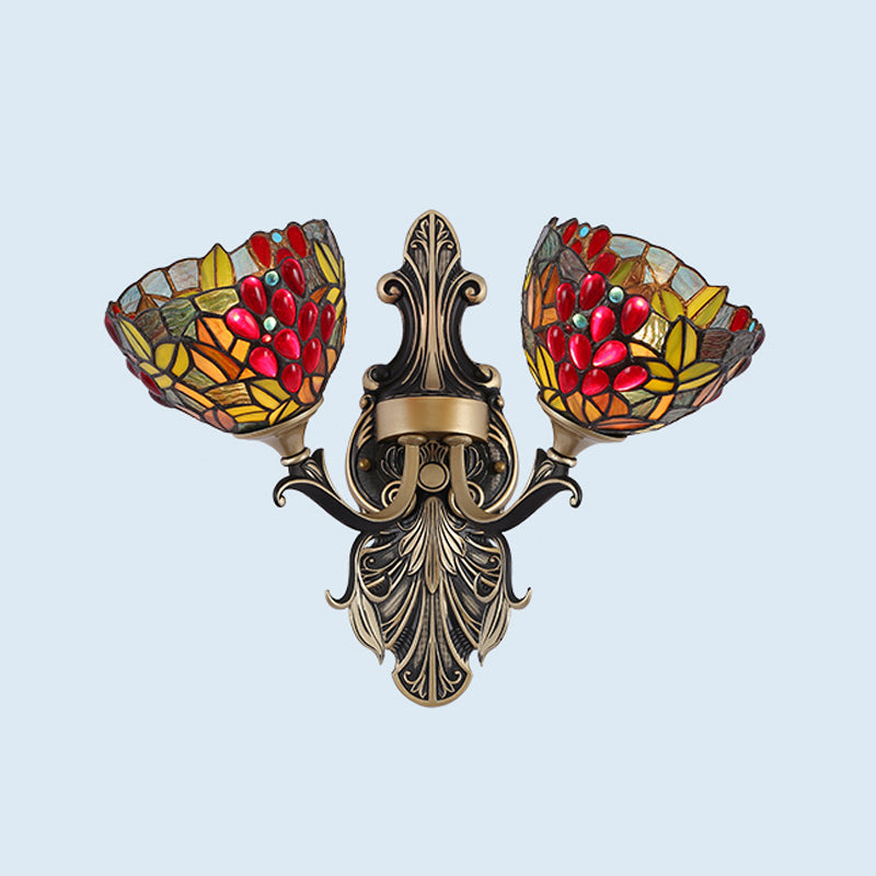 Cut Glass White/Red/Yellow Wall Lighting Idea Blossom/Domed 2 Lights Tiffany Stylish Sconce with Curved Arm Rose Red Clearhalo 'Industrial' 'Middle century wall lights' 'Tiffany wall lights' 'Tiffany' 'Wall Lamps & Sconces' 'Wall Lights' Lighting' 303179