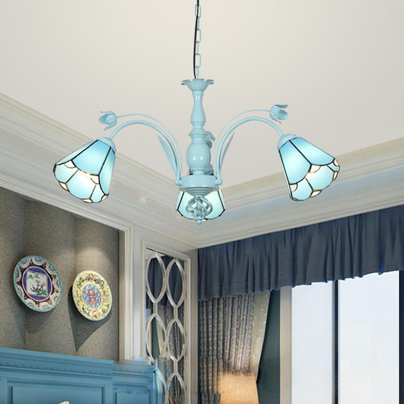 Conical Chandelier Pendant Light 3/6/8 Lights Stained Art Glass Baroque Hanging Lamp Kit in Blue/Dark Blue for Living Room 3 Blue Clearhalo 'Ceiling Lights' 'Chandeliers' 'Close To Ceiling Lights' 'Glass shade' 'Glass' 'Industrial' 'Middle Century Chandeliers' 'Tiffany Chandeliers' 'Tiffany close to ceiling' 'Tiffany' Lighting' 303279