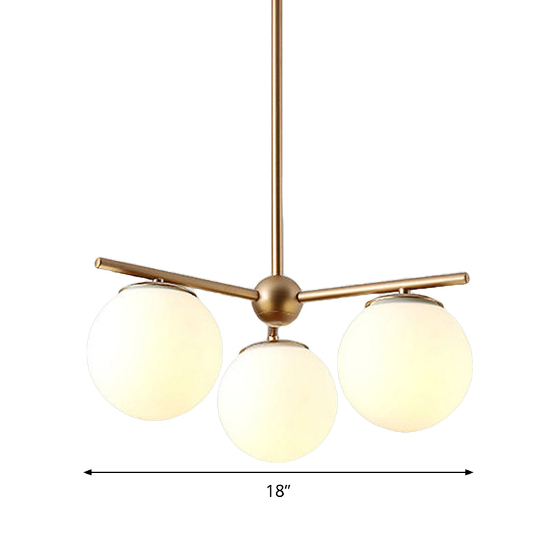 Globe Hanging Chandelier Modern White Frosted Glass 3 Lights Gold Ceiling Pendant Lamp for Bedroom Clearhalo 'Ceiling Lights' 'Chandeliers' 'Glass shade' 'Glass' 'Island Lights' 'Modern Chandeliers' 'Modern' Lighting' 303515