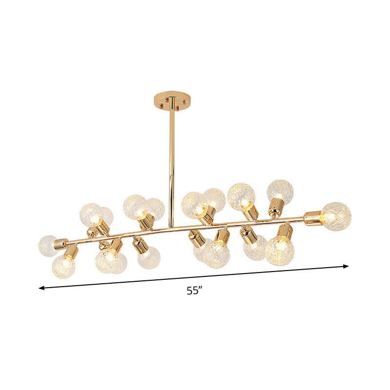 Gold Linear LED Island Lighting Contemporary 18 Lights Metal Hanging Ceiling Lamp with Ribbing Glass Shade Clearhalo 'Ceiling Lights' 'Chandeliers' 'Glass shade' 'Glass' 'Island Lights' Lighting' 303601