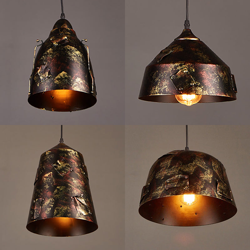 Rustic Stylish Tapered Hanging Lamp 8.5"/9" Wide 1 Light Wrought Iron Pendant Light with Patch Design in Rust Clearhalo 'Art Deco Pendants' 'Cast Iron' 'Ceiling Lights' 'Ceramic' 'Crystal' 'Industrial Pendants' 'Industrial' 'Metal' 'Middle Century Pendants' 'Pendant Lights' 'Pendants' 'Tiffany' Lighting' 30511