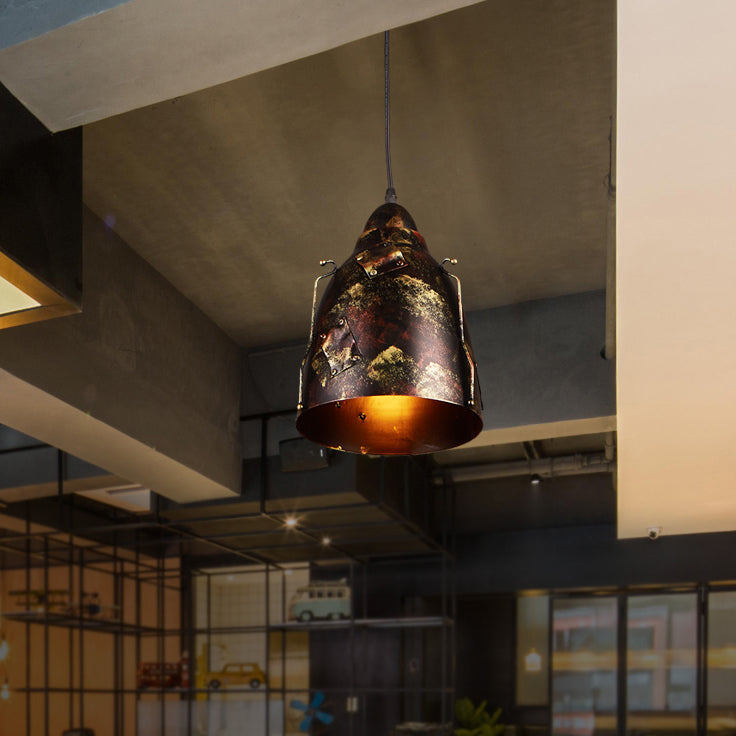 Rustic Stylish Tapered Hanging Lamp 8.5"/9" Wide 1 Light Wrought Iron Pendant Light with Patch Design in Rust Clearhalo 'Art Deco Pendants' 'Cast Iron' 'Ceiling Lights' 'Ceramic' 'Crystal' 'Industrial Pendants' 'Industrial' 'Metal' 'Middle Century Pendants' 'Pendant Lights' 'Pendants' 'Tiffany' Lighting' 30513