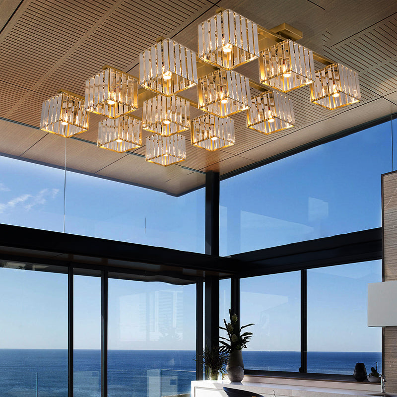 Modern Square Semi Flush Mount Tri-Sided Crystal Rod 4/6/9 Lights Living Room Ceiling Fixture in Gold/Black Clearhalo 'Ceiling Lights' 'Close To Ceiling Lights' 'Close to ceiling' 'Flush mount' Lighting' 314112