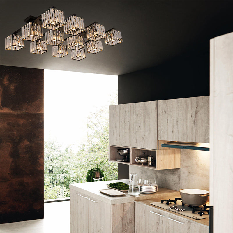 Modern Square Semi Flush Mount Tri-Sided Crystal Rod 4/6/9 Lights Living Room Ceiling Fixture in Gold/Black Clearhalo 'Ceiling Lights' 'Close To Ceiling Lights' 'Close to ceiling' 'Flush mount' Lighting' 314138