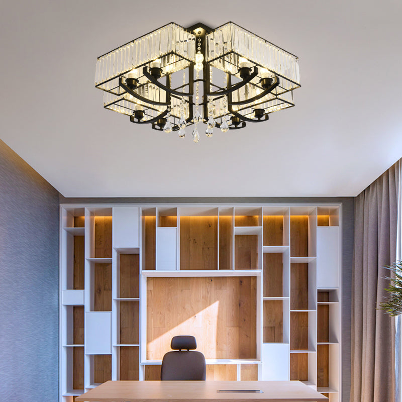 Black Rectangle Semi Flush Mount Lamp Contemporary 4/8 Lights Three Sided Crystal Rod Ceiling Light Clearhalo 'Ceiling Lights' 'Close To Ceiling Lights' 'Close to ceiling' 'Semi-flushmount' Lighting' 314150
