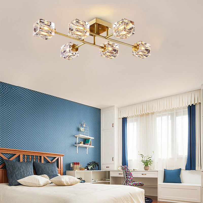 Cubic Dimpled Crystal Semi Flush Mount Lighting Postmodern 4/6 Heads Gold Ceiling Light Fixture Clearhalo 'Ceiling Lights' 'Close To Ceiling Lights' 'Close to ceiling' 'Semi-flushmount' Lighting' 314259