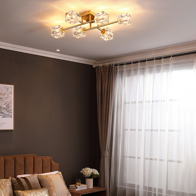 Cubic Dimpled Crystal Semi Flush Mount Lighting Postmodern 4/6 Heads Gold Ceiling Light Fixture Clearhalo 'Ceiling Lights' 'Close To Ceiling Lights' 'Close to ceiling' 'Semi-flushmount' Lighting' 314260