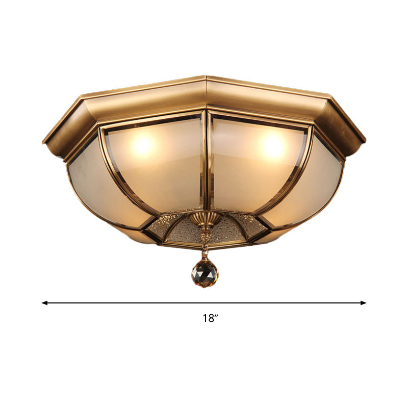 Dome Ceiling Mounted Fixture Postmodern Frosted Glass 3/4 Heads Living Room Flush Mount Lighting in Brass with Crystal Drop Clearhalo 'Ceiling Lights' 'Close To Ceiling Lights' 'Close to ceiling' 'Flush mount' Lighting' 314289