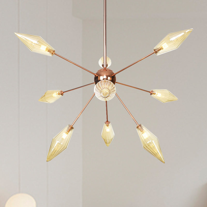Industrial Diamond Amber/Clear Glass Chandelier Lamp 9/12/15 Lights Hanging Ceiling Fixture with Starburst Design 9 Amber Clearhalo 'Ceiling Lights' 'Chandeliers' 'Clear' 'Close To Ceiling Lights' 'Glass shade' 'Glass' 'Industrial Chandeliers' 'Industrial' 'Middle Century Chandeliers' 'Modern' 'Tiffany' 'Traditional Chandeliers' Lighting' 314336