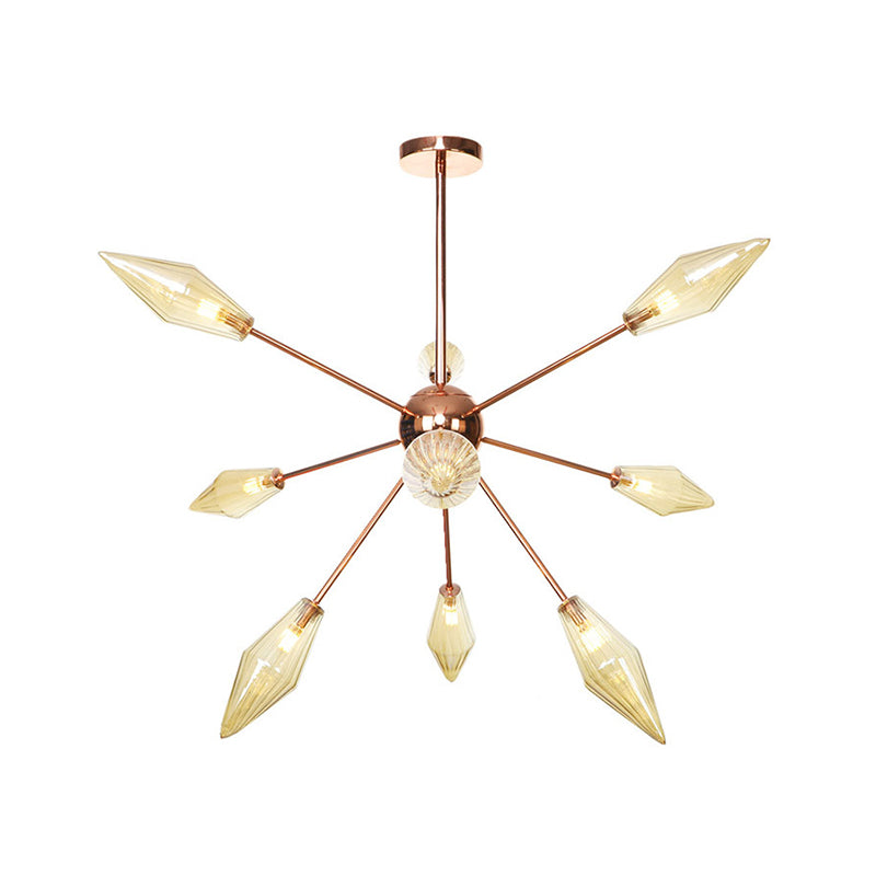 Industrial Diamond Amber/Clear Glass Chandelier Lamp 9/12/15 Lights Hanging Ceiling Fixture with Starburst Design Clearhalo 'Ceiling Lights' 'Chandeliers' 'Clear' 'Close To Ceiling Lights' 'Glass shade' 'Glass' 'Industrial Chandeliers' 'Industrial' 'Middle Century Chandeliers' 'Modern' 'Tiffany' 'Traditional Chandeliers' Lighting' 314338