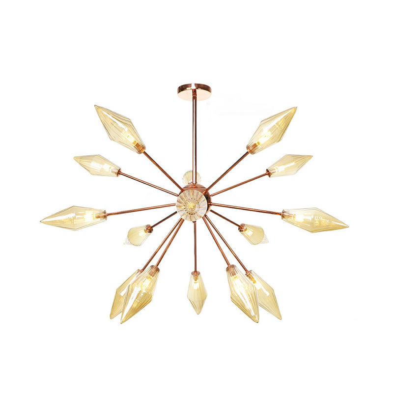 Industrial Diamond Amber/Clear Glass Chandelier Lamp 9/12/15 Lights Hanging Ceiling Fixture with Starburst Design 15 Amber Clearhalo 'Ceiling Lights' 'Chandeliers' 'Clear' 'Close To Ceiling Lights' 'Glass shade' 'Glass' 'Industrial Chandeliers' 'Industrial' 'Middle Century Chandeliers' 'Modern' 'Tiffany' 'Traditional Chandeliers' Lighting' 314341