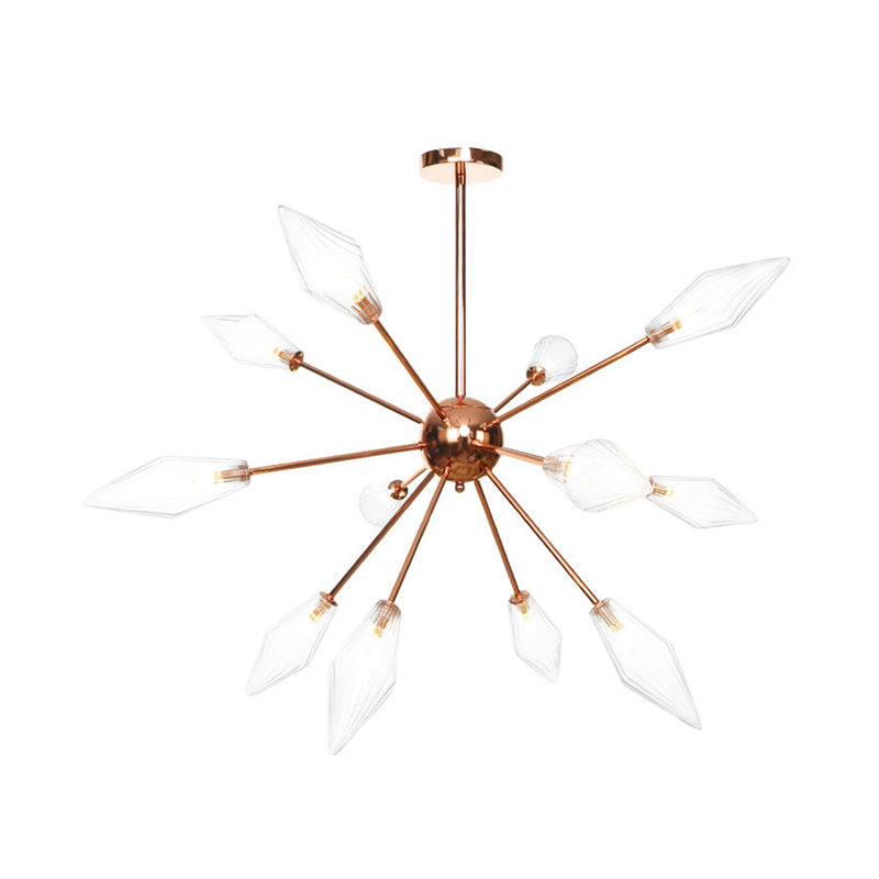 Industrial Diamond Amber/Clear Glass Chandelier Lamp 9/12/15 Lights Hanging Ceiling Fixture with Starburst Design 12 Clear Clearhalo 'Ceiling Lights' 'Chandeliers' 'Clear' 'Close To Ceiling Lights' 'Glass shade' 'Glass' 'Industrial Chandeliers' 'Industrial' 'Middle Century Chandeliers' 'Modern' 'Tiffany' 'Traditional Chandeliers' Lighting' 314345