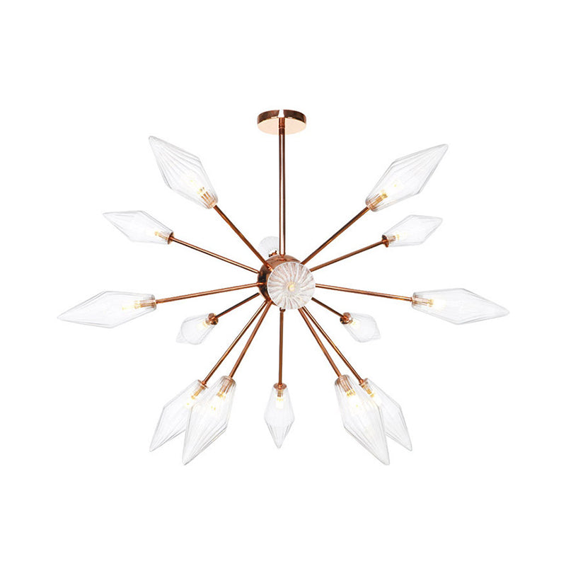 Industrial Diamond Amber/Clear Glass Chandelier Lamp 9/12/15 Lights Hanging Ceiling Fixture with Starburst Design 15 Clear Clearhalo 'Ceiling Lights' 'Chandeliers' 'Clear' 'Close To Ceiling Lights' 'Glass shade' 'Glass' 'Industrial Chandeliers' 'Industrial' 'Middle Century Chandeliers' 'Modern' 'Tiffany' 'Traditional Chandeliers' Lighting' 314346