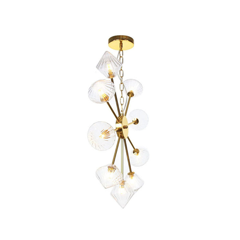 Diamond Shade Hanging Lighting Industrial Amber/Clear Glass 6/9/12 Heads Living Room Chandelier Lamp in Black/Brass/Copper 9 Brass Clear Clearhalo 'Cast Iron' 'Ceiling Lights' 'Chandeliers' 'Industrial Chandeliers' 'Industrial' 'Metal' 'Middle Century Chandeliers' 'Rustic Chandeliers' 'Tiffany' Lighting' 314421