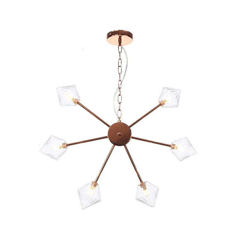 Diamond Shade Hanging Lighting Industrial Amber/Clear Glass 6/9/12 Heads Living Room Chandelier Lamp in Black/Brass/Copper 6 Copper Clear Clearhalo 'Cast Iron' 'Ceiling Lights' 'Chandeliers' 'Industrial Chandeliers' 'Industrial' 'Metal' 'Middle Century Chandeliers' 'Rustic Chandeliers' 'Tiffany' Lighting' 314422