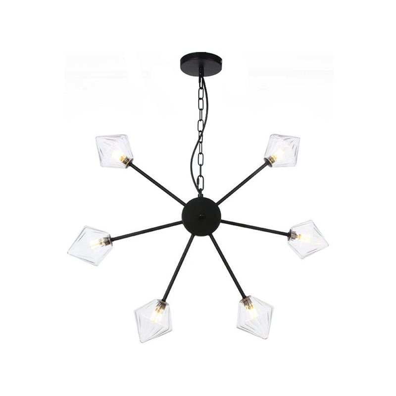 Diamond Shade Hanging Lighting Industrial Amber/Clear Glass 6/9/12 Heads Living Room Chandelier Lamp in Black/Brass/Copper 6 Black Clear Clearhalo 'Cast Iron' 'Ceiling Lights' 'Chandeliers' 'Industrial Chandeliers' 'Industrial' 'Metal' 'Middle Century Chandeliers' 'Rustic Chandeliers' 'Tiffany' Lighting' 314429