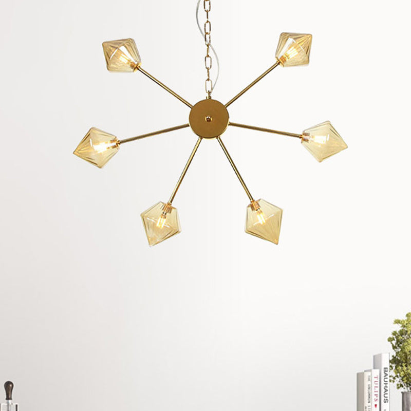Diamond Shade Hanging Lighting Industrial Amber/Clear Glass 6/9/12 Heads Living Room Chandelier Lamp in Black/Brass/Copper 6 Brass Amber Clearhalo 'Cast Iron' 'Ceiling Lights' 'Chandeliers' 'Industrial Chandeliers' 'Industrial' 'Metal' 'Middle Century Chandeliers' 'Rustic Chandeliers' 'Tiffany' Lighting' 314431