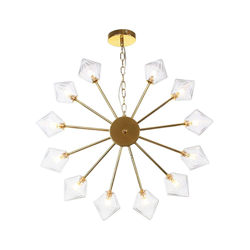 Diamond Shade Hanging Lighting Industrial Amber/Clear Glass 6/9/12 Heads Living Room Chandelier Lamp in Black/Brass/Copper 12 Brass Clear Clearhalo 'Cast Iron' 'Ceiling Lights' 'Chandeliers' 'Industrial Chandeliers' 'Industrial' 'Metal' 'Middle Century Chandeliers' 'Rustic Chandeliers' 'Tiffany' Lighting' 314438