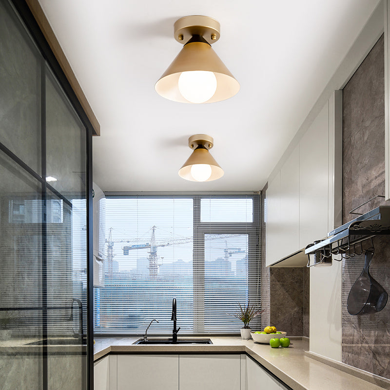 1 Light Corridor Flush Mount Antique Gold Flush Light with Cone Metal Shade Clearhalo 'Ceiling Lights' 'Close To Ceiling Lights' 'Close to ceiling' 'Flush mount' 'Industrial Flush Mount' Lighting' 314486