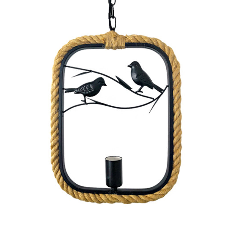 1 Light Round/Rhombus/Square Pendant Lighting Black Rope Hanging Light Fixture for Living Room with Bird Deco Black Square Plate Clearhalo 'Ceiling Lights' 'Industrial Pendants' 'Industrial' 'Middle Century Pendants' 'Pendant Lights' 'Pendants' 'Tiffany' Lighting' 314517