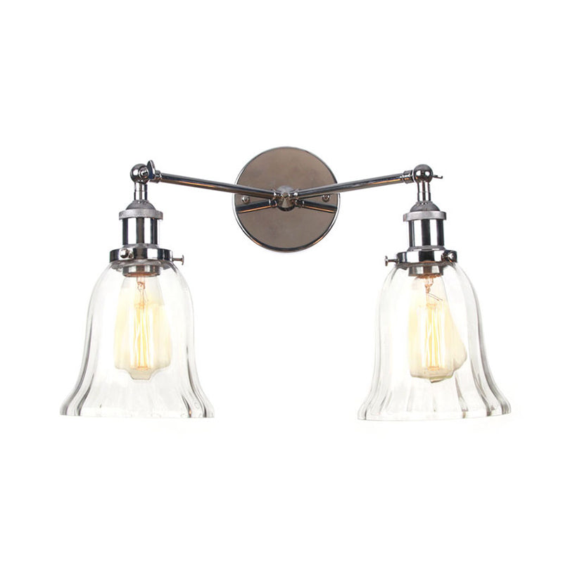 2 Lights Indoor Wall Lighting Industrial Style Black/Chrome/Bronze Sconce with Bell Clear Glass Shade Clearhalo 'Art deco wall lights' 'Cast Iron' 'Glass' 'Industrial wall lights' 'Industrial' 'Middle century wall lights' 'Modern' 'Rustic wall lights' 'Tiffany' 'Traditional wall lights' 'Wall Lamps & Sconces' 'Wall Lights' Lighting' 315195