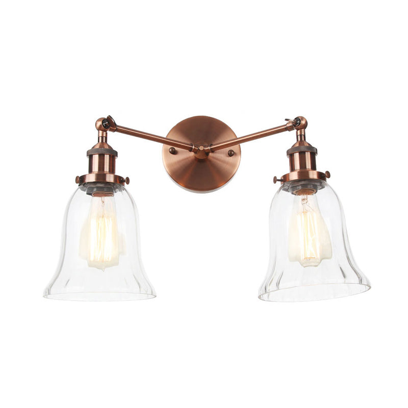 2 Lights Indoor Wall Lighting Industrial Style Black/Chrome/Bronze Sconce with Bell Clear Glass Shade Clearhalo 'Art deco wall lights' 'Cast Iron' 'Glass' 'Industrial wall lights' 'Industrial' 'Middle century wall lights' 'Modern' 'Rustic wall lights' 'Tiffany' 'Traditional wall lights' 'Wall Lamps & Sconces' 'Wall Lights' Lighting' 315199
