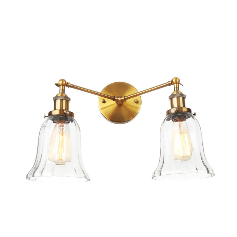 2 Lights Indoor Wall Lighting Industrial Style Black/Chrome/Bronze Sconce with Bell Clear Glass Shade Clearhalo 'Art deco wall lights' 'Cast Iron' 'Glass' 'Industrial wall lights' 'Industrial' 'Middle century wall lights' 'Modern' 'Rustic wall lights' 'Tiffany' 'Traditional wall lights' 'Wall Lamps & Sconces' 'Wall Lights' Lighting' 315201