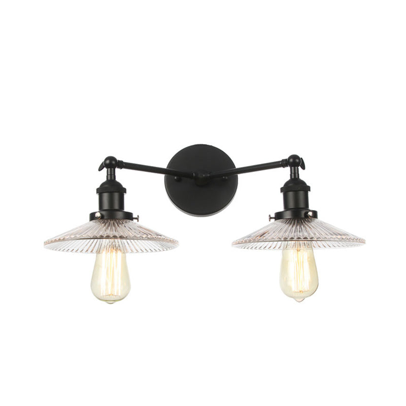 Saucer Clear Ribbed Glass Wall Sconce Light Warehouse 2 Lights Indoor Lighting Fixture in Bronze/Brass/Chrome Clearhalo 'Art deco wall lights' 'Cast Iron' 'Glass' 'Industrial wall lights' 'Industrial' 'Middle century wall lights' 'Modern' 'Rustic wall lights' 'Tiffany' 'Traditional wall lights' 'Wall Lamps & Sconces' 'Wall Lights' Lighting' 315204