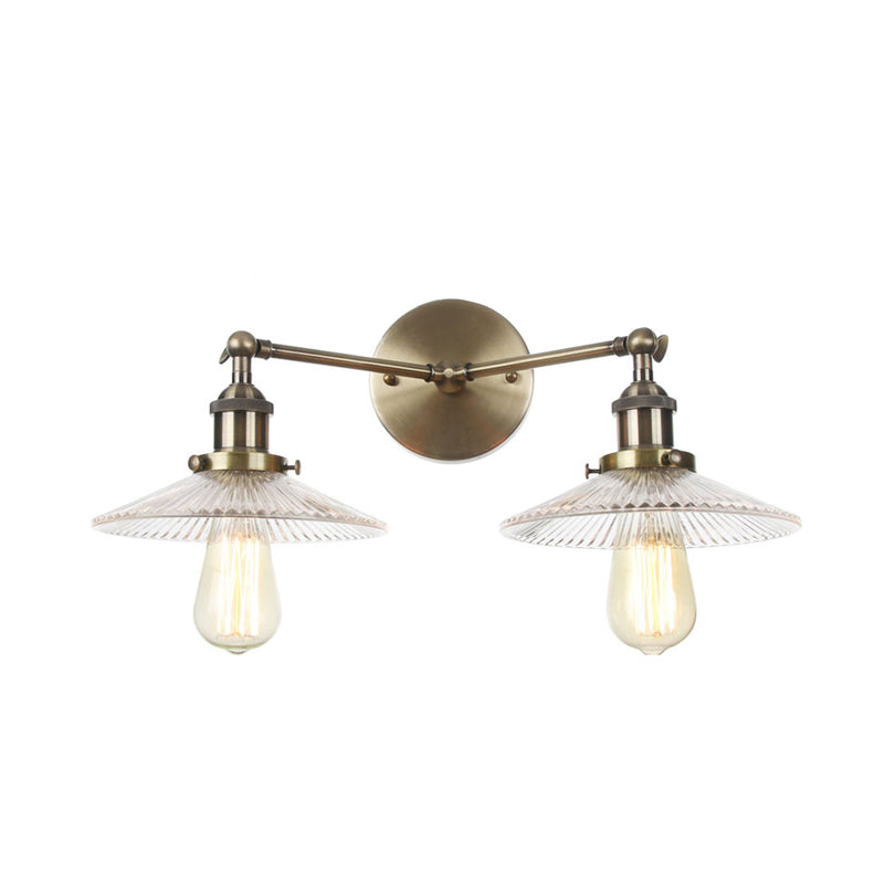 Saucer Clear Ribbed Glass Wall Sconce Light Warehouse 2 Lights Indoor Lighting Fixture in Bronze/Brass/Chrome Clearhalo 'Art deco wall lights' 'Cast Iron' 'Glass' 'Industrial wall lights' 'Industrial' 'Middle century wall lights' 'Modern' 'Rustic wall lights' 'Tiffany' 'Traditional wall lights' 'Wall Lamps & Sconces' 'Wall Lights' Lighting' 315206