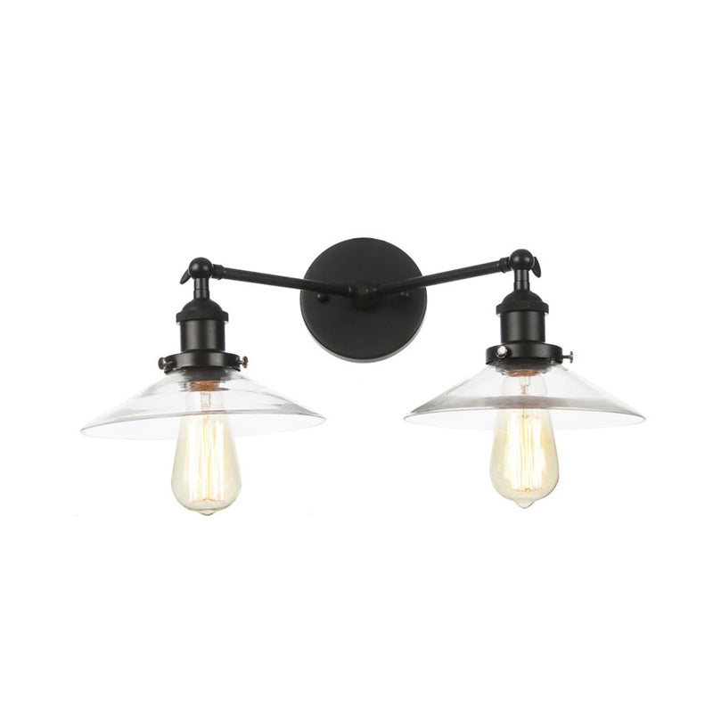 2 Light Living Room Wall Lighting Vintage Black/Brass/Bronze Sconce Light with Saucer Clear Glass Shade Clearhalo 'Art deco wall lights' 'Cast Iron' 'Glass' 'Industrial wall lights' 'Industrial' 'Middle century wall lights' 'Modern' 'Rustic wall lights' 'Tiffany' 'Traditional wall lights' 'Wall Lamps & Sconces' 'Wall Lights' Lighting' 315217