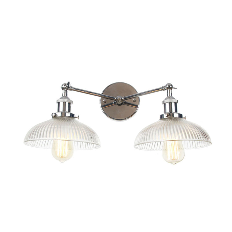Domed Living Room Wall Light Industrial Clear Ribbed Glass 2 Lights Bronze/Brass/Copper Sconce Lamp Clearhalo 'Art deco wall lights' 'Cast Iron' 'Glass' 'Industrial wall lights' 'Industrial' 'Middle century wall lights' 'Modern' 'Rustic wall lights' 'Tiffany' 'Traditional wall lights' 'Wall Lamps & Sconces' 'Wall Lights' Lighting' 315221
