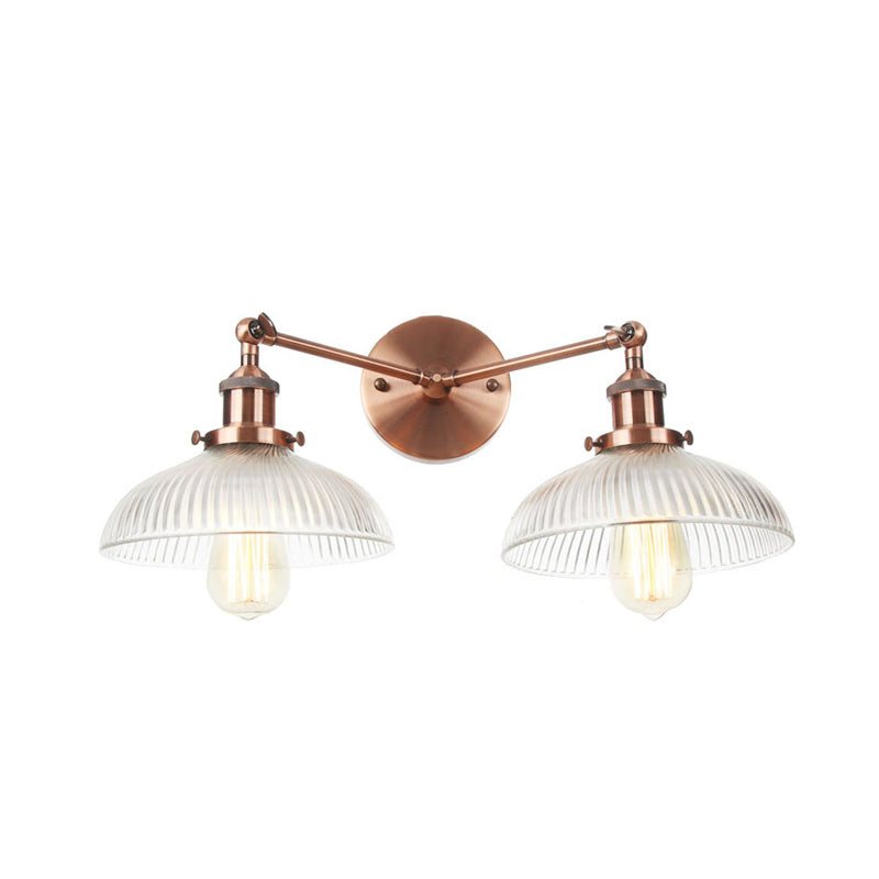 Domed Living Room Wall Light Industrial Clear Ribbed Glass 2 Lights Bronze/Brass/Copper Sconce Lamp Clearhalo 'Art deco wall lights' 'Cast Iron' 'Glass' 'Industrial wall lights' 'Industrial' 'Middle century wall lights' 'Modern' 'Rustic wall lights' 'Tiffany' 'Traditional wall lights' 'Wall Lamps & Sconces' 'Wall Lights' Lighting' 315223