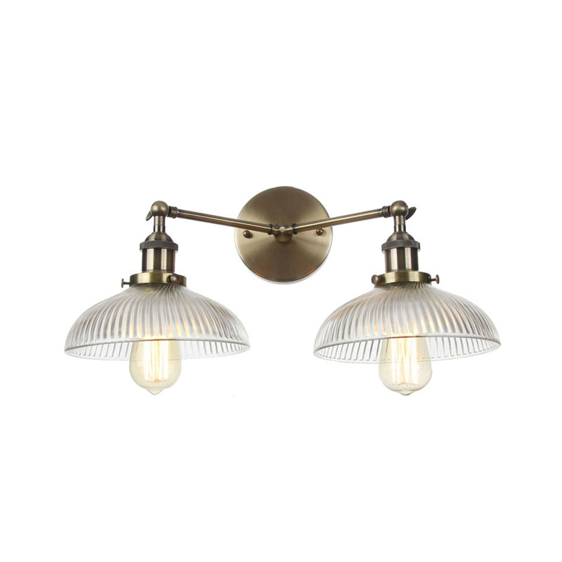 Domed Living Room Wall Light Industrial Clear Ribbed Glass 2 Lights Bronze/Brass/Copper Sconce Lamp Clearhalo 'Art deco wall lights' 'Cast Iron' 'Glass' 'Industrial wall lights' 'Industrial' 'Middle century wall lights' 'Modern' 'Rustic wall lights' 'Tiffany' 'Traditional wall lights' 'Wall Lamps & Sconces' 'Wall Lights' Lighting' 315225