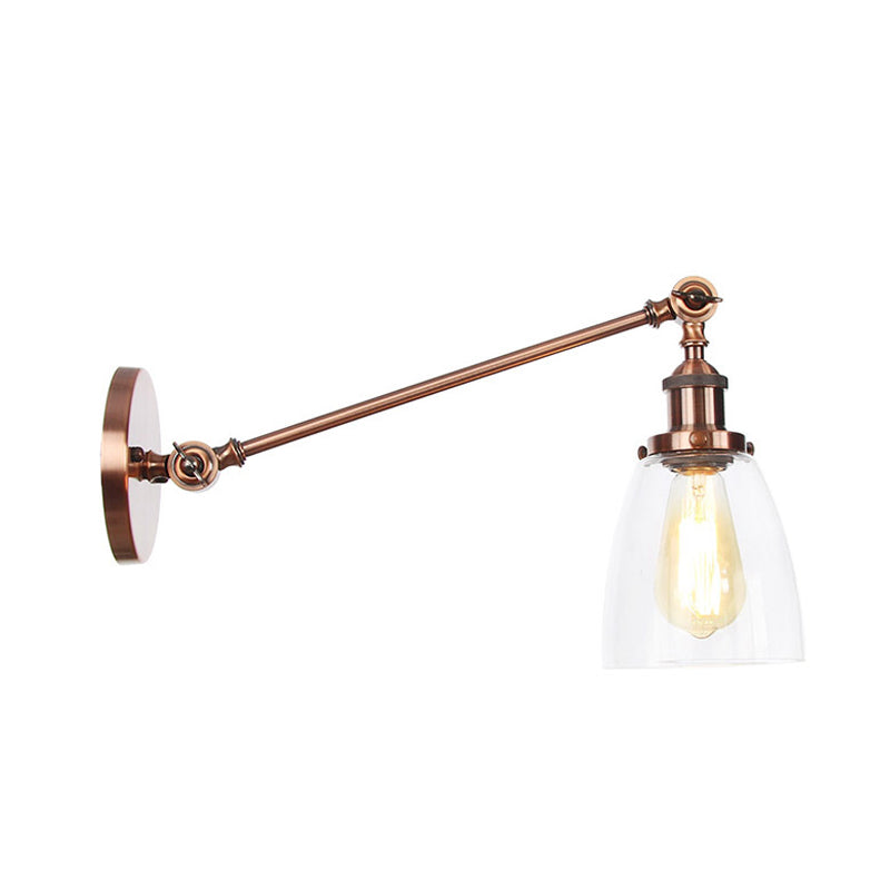 Black/Bronze/Brass 1 Light Wall Light Fixture Industrial Style Clear Glass Tapered Sconce with Arm, 8"/12" L Clearhalo 'Art deco wall lights' 'Cast Iron' 'Glass' 'Industrial wall lights' 'Industrial' 'Middle century wall lights' 'Modern' 'Rustic wall lights' 'Tiffany' 'Traditional wall lights' 'Wall Lamps & Sconces' 'Wall Lights' Lighting' 315228