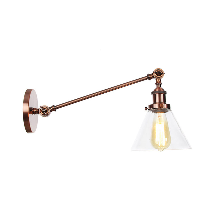 Industrial Conical Sconce Light 1 Light Clear Glass Lighting Fixture in Black/Bronze/Brass, 8"/12" L Arm Clearhalo 'Art deco wall lights' 'Cast Iron' 'Glass' 'Industrial wall lights' 'Industrial' 'Middle century wall lights' 'Modern' 'Rustic wall lights' 'Tiffany' 'Traditional wall lights' 'Wall Lamps & Sconces' 'Wall Lights' Lighting' 315238