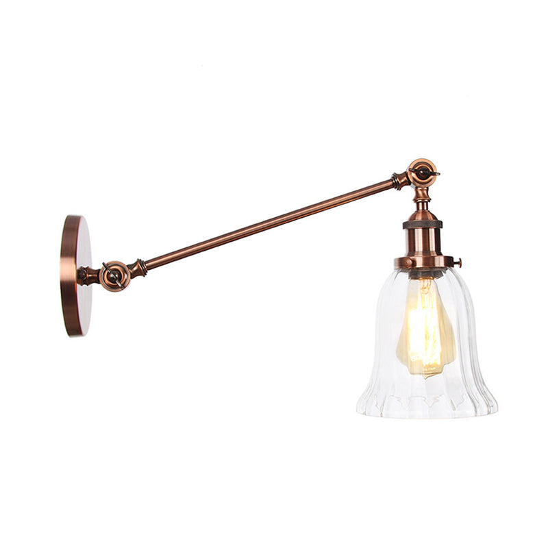 Black/Bronze/Brass 1 Light Wall Lighting Fixture Vintage Clear Glass Bell Sconce with Arm, 8"/12" Long Clearhalo 'Art deco wall lights' 'Cast Iron' 'Glass' 'Industrial wall lights' 'Industrial' 'Middle century wall lights' 'Modern' 'Rustic wall lights' 'Tiffany' 'Traditional wall lights' 'Wall Lamps & Sconces' 'Wall Lights' Lighting' 315247