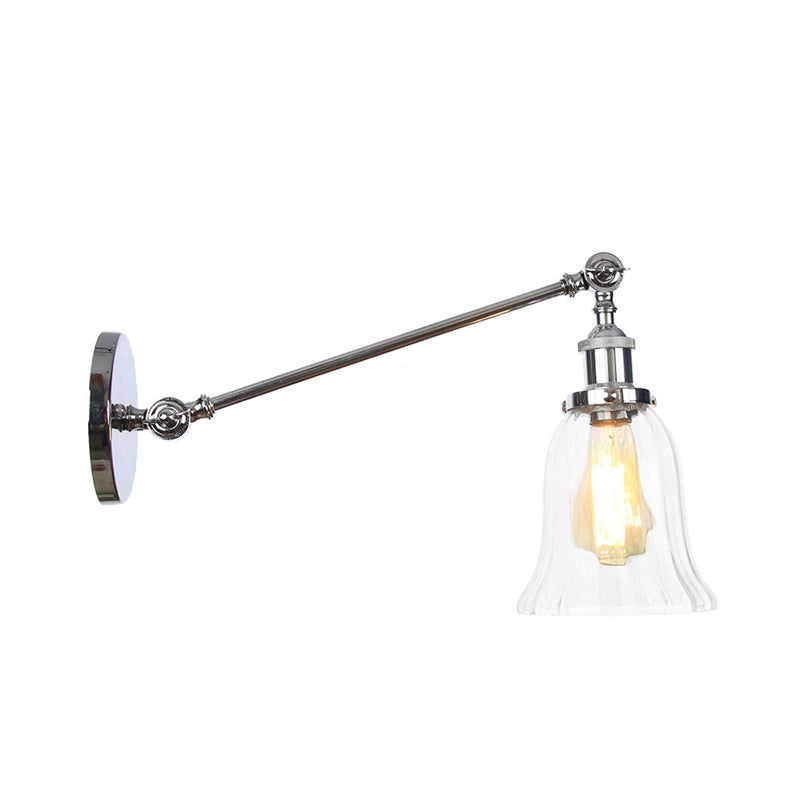 Black/Bronze/Brass 1 Light Wall Lighting Fixture Vintage Clear Glass Bell Sconce with Arm, 8"/12" Long Clearhalo 'Art deco wall lights' 'Cast Iron' 'Glass' 'Industrial wall lights' 'Industrial' 'Middle century wall lights' 'Modern' 'Rustic wall lights' 'Tiffany' 'Traditional wall lights' 'Wall Lamps & Sconces' 'Wall Lights' Lighting' 315249