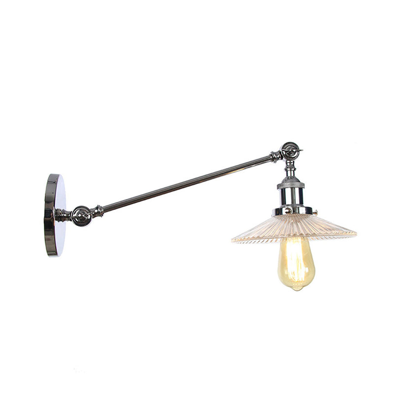Clear Ribbed Glass Bronze/Brass/Copper Wall Mounted Lamp Saucer 1 Light Vintage Lighting Fixture, 8"/12" L Arm Clearhalo 'Art deco wall lights' 'Cast Iron' 'Glass' 'Industrial wall lights' 'Industrial' 'Middle century wall lights' 'Modern' 'Rustic wall lights' 'Tiffany' 'Traditional wall lights' 'Wall Lamps & Sconces' 'Wall Lights' Lighting' 315254