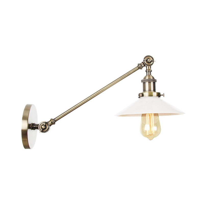 Industrial Conical Sconce Light 1 Light Opal Glass Wall Lamp in Black/Bronze/Brass with Arm, 8"/12" L Clearhalo 'Art deco wall lights' 'Cast Iron' 'Glass' 'Industrial wall lights' 'Industrial' 'Middle century wall lights' 'Modern' 'Rustic wall lights' 'Tiffany' 'Traditional wall lights' 'Wall Lamps & Sconces' 'Wall Lights' Lighting' 315255