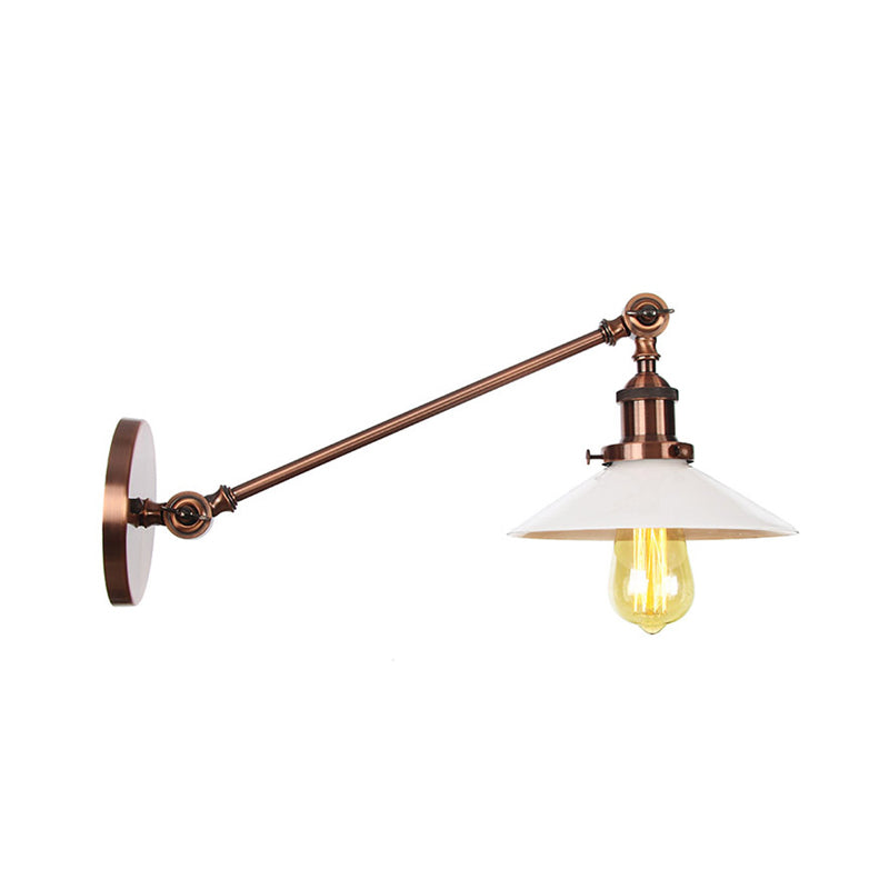 Industrial Conical Sconce Light 1 Light Opal Glass Wall Lamp in Black/Bronze/Brass with Arm, 8"/12" L Clearhalo 'Art deco wall lights' 'Cast Iron' 'Glass' 'Industrial wall lights' 'Industrial' 'Middle century wall lights' 'Modern' 'Rustic wall lights' 'Tiffany' 'Traditional wall lights' 'Wall Lamps & Sconces' 'Wall Lights' Lighting' 315257